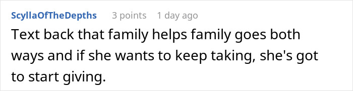 Screenshot of a Reddit comment about family helping family and setting boundaries with free babysitting expectations. Screenshot of a Reddit comment about family helping family and setting boundaries with free babysitting expectations.