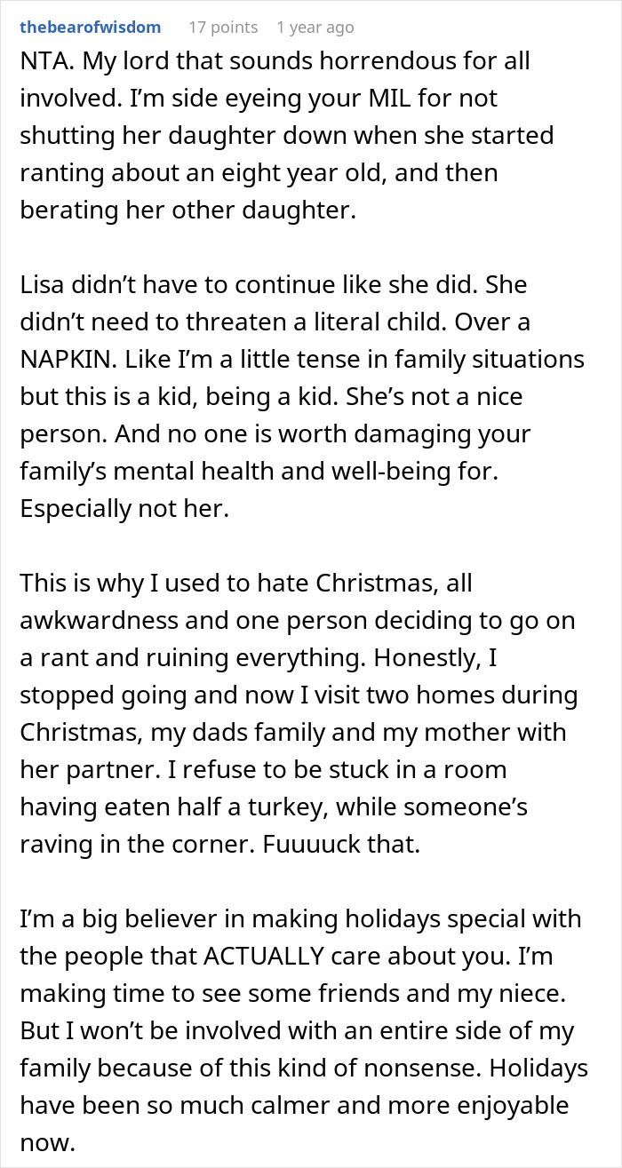 Reddit comment reacting to husband dragging wife and kids from Thanksgiving after sister&rsquo;s major tantrum.