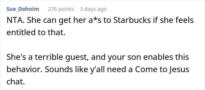 Screenshot of a Reddit comment discussing a mother-in-law offering to make morning coffee for daughter-in-law but ignoring her fancy recipe demand.