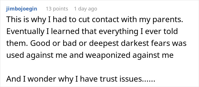 Text post showing a user sharing why a woman can never trust mom again after spying on therapy sessions.