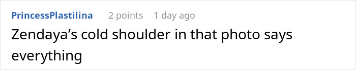 Screenshot of an online comment describing Zendaya&rsquo;s cold shoulder amid Sydney Sweeney and Zendaya&rsquo;s bitter feud controversies.