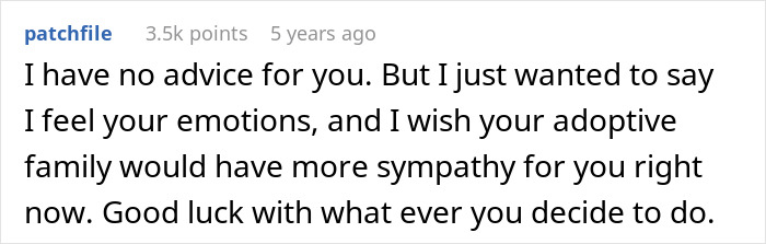 Screenshot of online comment expressing sympathy for woman seeking to reunite with bio family, facing adoptive parents' threats.