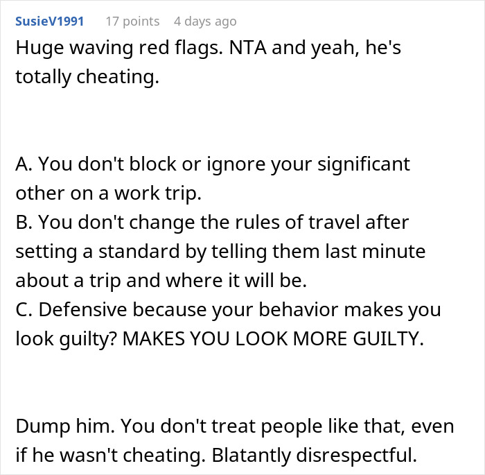 Comment discussing suspicious work trip behavior raising red flags about a man blocking and ignoring his girlfriend.