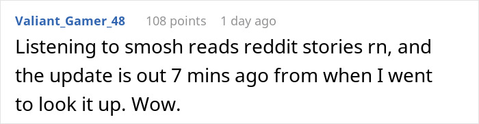 Reddit comment about listening to smosh reads stories and a recent update, shared by user Valiant_Gamer_48.