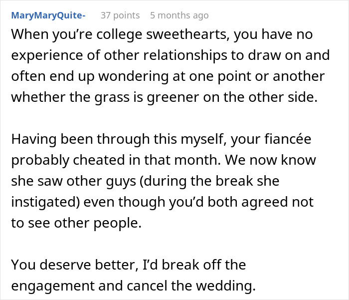 Comment discussing bride breaking no dating rule during break and groom shocked as maid of honor claims cheating occurred. Comment discussing bride breaking no dating rule during break and groom shocked as maid of honor claims cheating occurred.