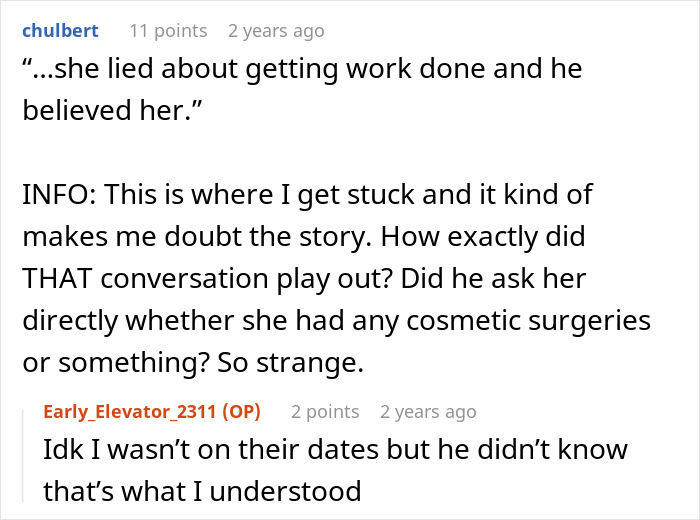 Reddit conversation discussing friendship crumbles after woman exposes friend’s secret involving cosmetic surgery. Reddit conversation discussing friendship crumbles after woman exposes friend’s secret involving cosmetic surgery.