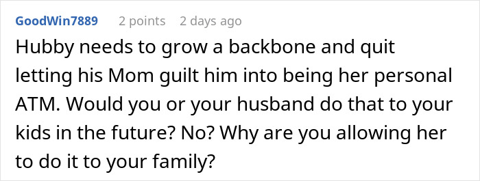 Screenshot of a forum comment discussing family dynamics related to paying bills and personal boundaries.