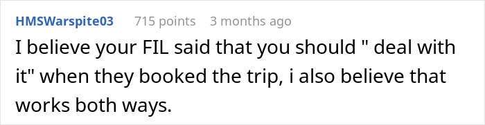 Screenshot of a Reddit comment discussing a MIL announcing she's coming on a couple&rsquo;s vacation and getting outplayed.