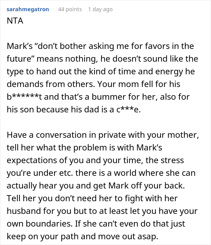 Reddit comment discussing boundaries and frustration when guy treats girlfriend&rsquo;s son like a free babysitter unfairly.