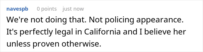Comment discussing legality and appearance policing related to trans woman confronted by lesbian in gym locker room.