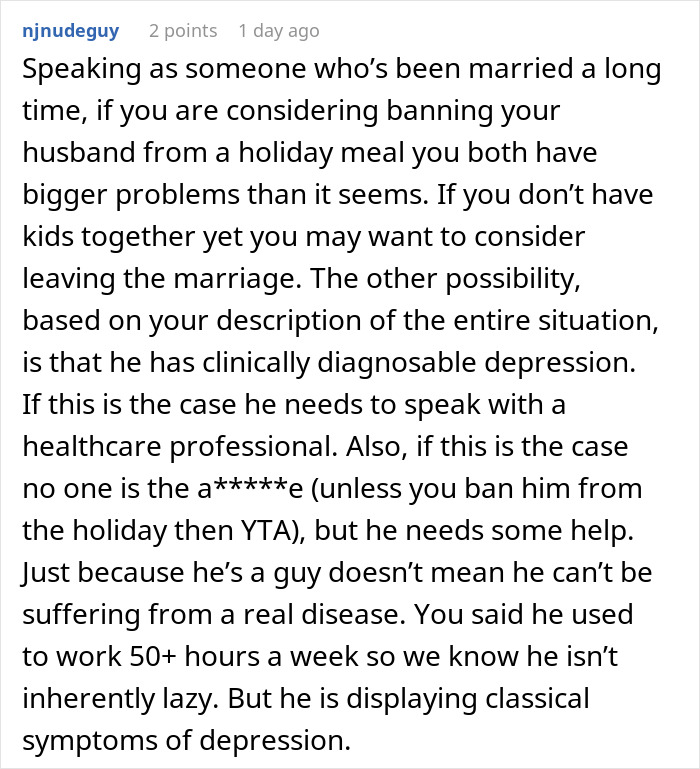 Comment discussing a husband struggling with depression and marriage issues during Thanksgiving preparations.
