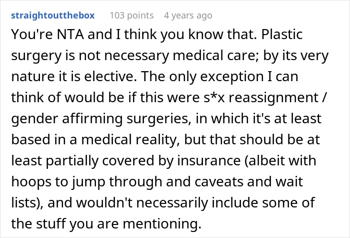 Comment discussing plastic surgery as elective and insurance coverage debated in a family health fund dispute.