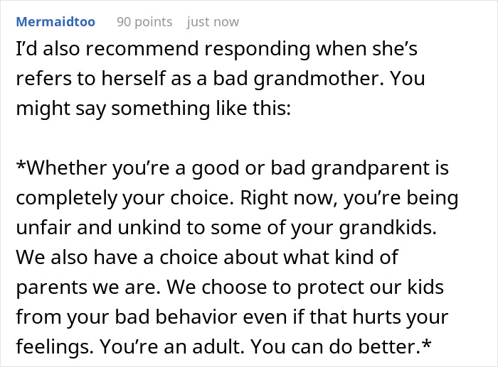 Comment advising how to respond to a grandmother admitting favoritism, addressing unfair treatment of grandchildren.
