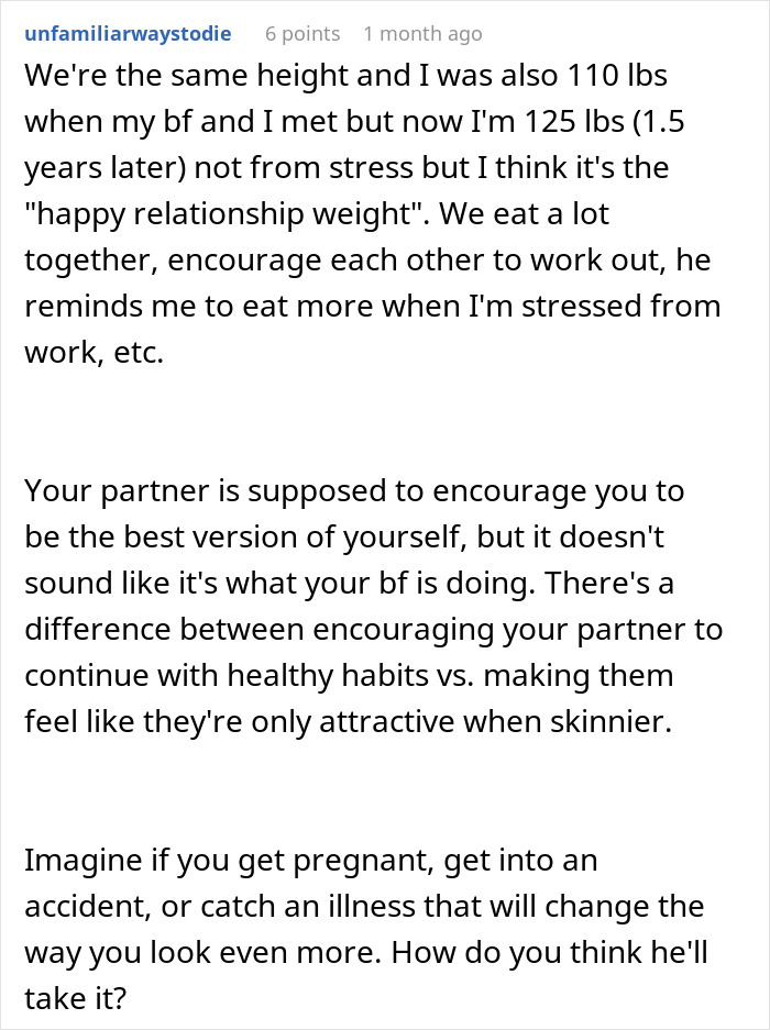Comment discussing relationship weight and partner's expectations about returning to a previous weight six years ago. Comment discussing relationship weight and partner's expectations about returning to a previous weight six years ago.