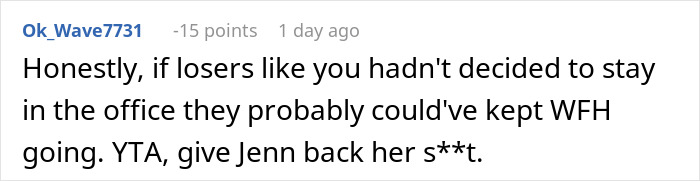 User comment about woman expecting her private office back after working from home, highlighting office space conflict.