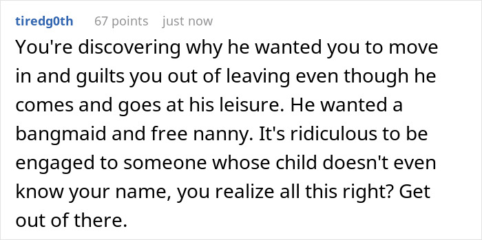 Comment discussing issues with fiance babysitting daughter, describing control and unequal family dynamics in a hunting context.