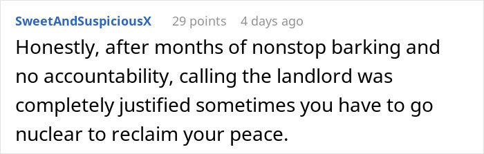 Comment highlighting a woman's frustration and decision to go nuclear on neighbors who can't keep their dogs quiet.