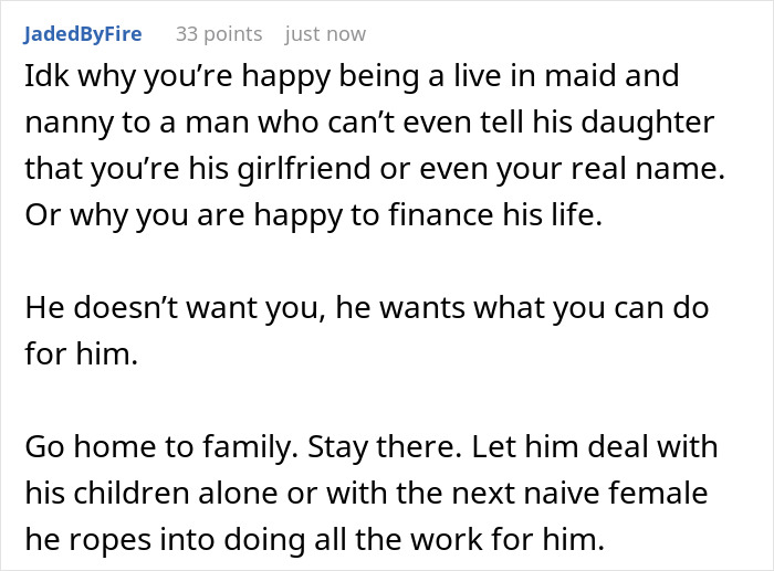 Comment discussing a fiance babysitting daughter, highlighting emotional labor and relationship concerns in an online forum.