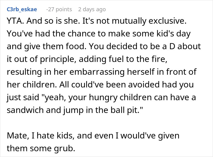 Alt text: Online comment criticizing entitled mother raising hell after being denied food and entrance at private party. Alt text: Online comment criticizing entitled mother raising hell after being denied food and entrance at private party.