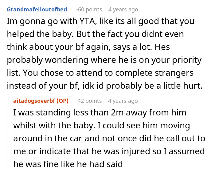 Comment discussion about guy upset nurse girlfriend prioritizing dogs and baby during a car crash situation.