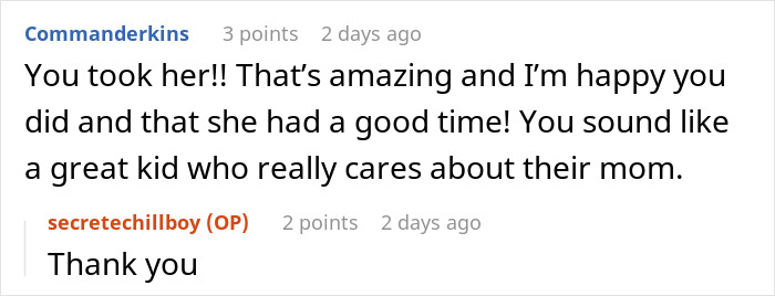 Reddit conversation showing a teen discussing cheering up his recently divorced mom and unintended womanizer introduction.