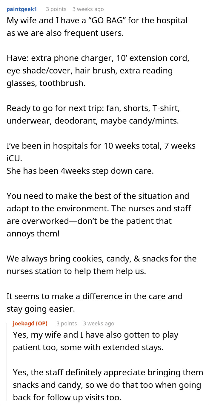 Text post discussing patient tips and advice on hospital stays and interactions with busy ER staff.