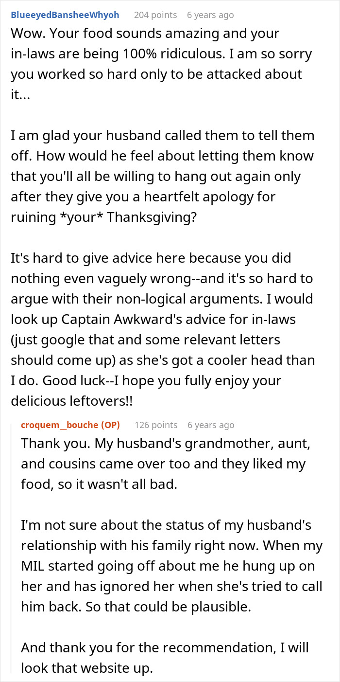 Reddit comments discussing in-laws making fun of woman for Thanksgiving dinner and holiday conflict resolution advice. Reddit comments discussing in-laws making fun of woman for Thanksgiving dinner and holiday conflict resolution advice.