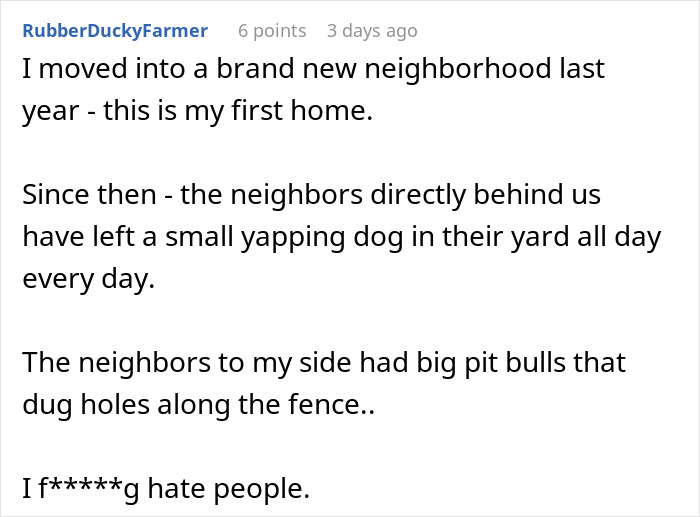 User complaining about neighbors who can't keep their dogs quiet, mentioning yapping dog and pit bulls causing damage.