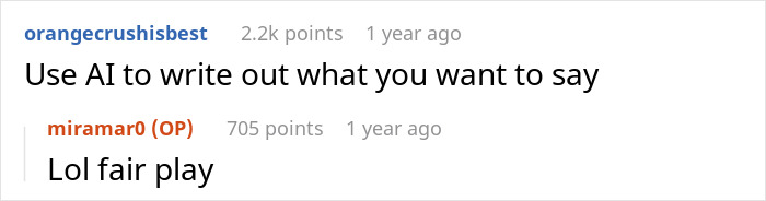 Screenshot of a Reddit comment thread discussing using AI to write groom’s vows, sparking mixed emotional reactions. Screenshot of a Reddit comment thread discussing using AI to write groom’s vows, sparking mixed emotional reactions.