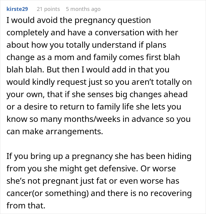 Screenshot of an online comment discussing whether a boss should ask an employee if she&rsquo;s pregnant in a right to fire state.