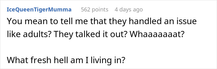 Comment text expressing surprise about adults handling an issue calmly, related to husband ban daughter nanny Spanish lessons.