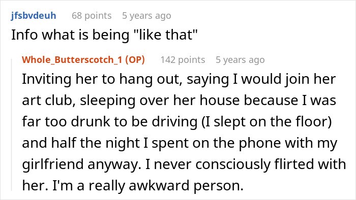 Screenshot of a Reddit conversation about a guy annoyed then learning a friend likes him after she sits on his lap.