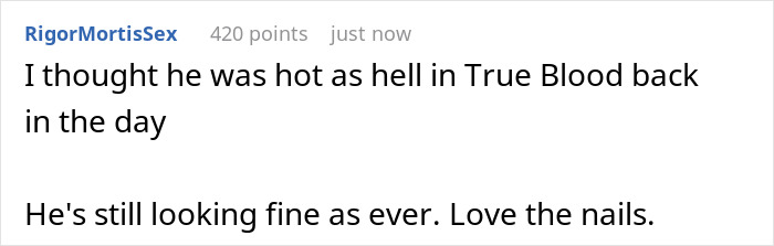 Comment mentioning Alexander Skarsg&aring;rd's unique detail in his otherwise conventional look, noting his "love the nails."