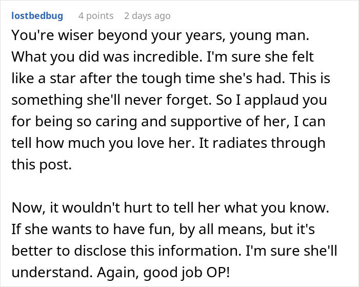 Comment praising teen for supporting recently divorced mom, mentioning love and caution about womanizer introduction.