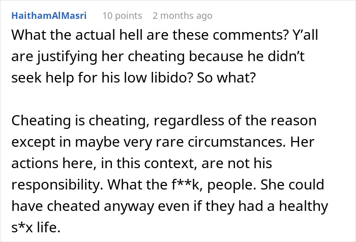 Screenshot of a forum comment discussing cheating and intimacy issues in a marriage over several years.