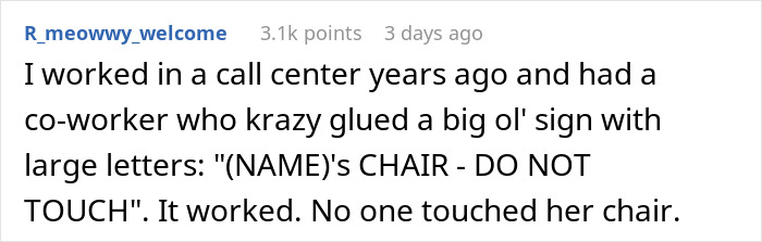 Screenshot of a Reddit comment describing a strict “Do Not Touch” sign on a $1.8K office chair causing workplace tension. Screenshot of a Reddit comment describing a strict “Do Not Touch” sign on a $1.8K office chair causing workplace tension.