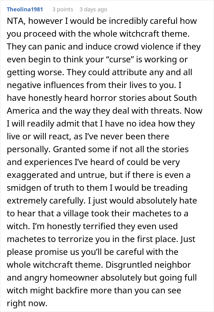 Comment discussing careful caution about woman's savage revenge on petty neighbor and potential panic from witchcraft theme.