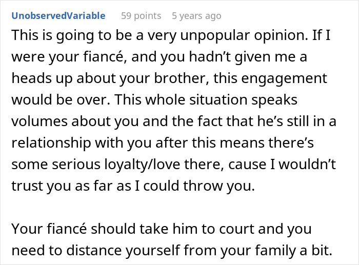 Screenshot of a forum comment discussing a fianc&eacute; threatening legal action against the bride&rsquo;s brother, causing family conflict.
