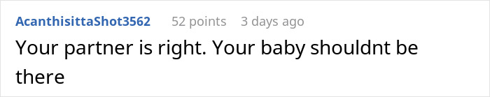 Comment discussing partner&rsquo;s concern about baby&rsquo;s presence at a large Halloween party with noise and safety worries.