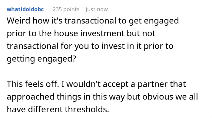 Alt text: Reddit comment discussing girlfriend not financing boyfriend&rsquo;s $100k renovation without a ring and views on marriage as transaction