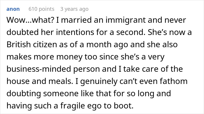 Comment expressing surprise about marrying a business-minded immigrant woman who became a British citizen and earns more money.