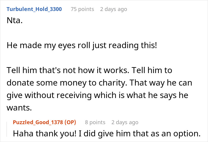 Comment thread discussing Secret Santa organizer refusing coworker participation if he won&rsquo;t accept gifts, suggesting charity donation instead.