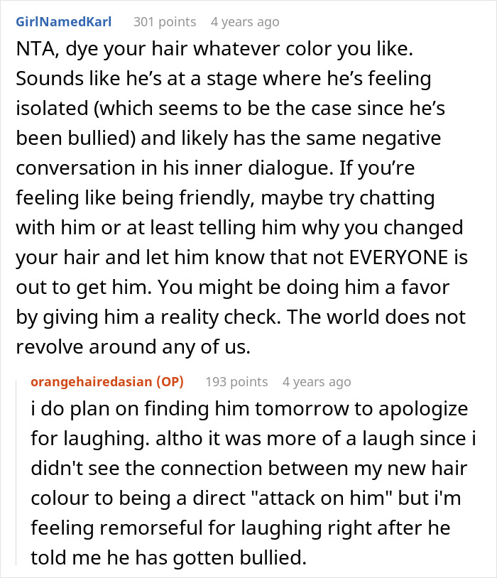 Conversation about dyeing hair orange causing classmate drama and feelings of bullying and isolation in school setting.