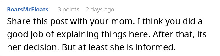 Comment text on a white background discussing sharing a post with mom and explaining things to her after divorce.