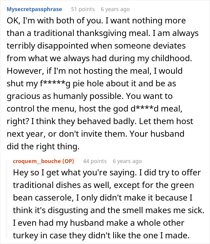 Reddit comments discussing in-laws making fun of a woman for her Thanksgiving dinner and holiday tensions. Reddit comments discussing in-laws making fun of a woman for her Thanksgiving dinner and holiday tensions.