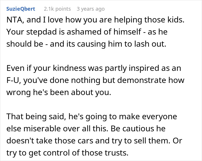 Screenshot of an online comment discussing a woman accused of flexing her wealth after giving stepsiblings cars and cash.