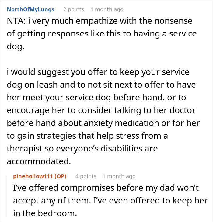 User discussing service dog challenges and Thanksgiving drama, offering advice on managing anxiety and accommodations.