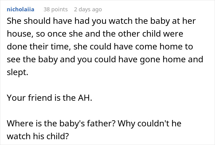 Comment discussing babysitting challenges and a mom&rsquo;s panic during overnight childcare by a friend.