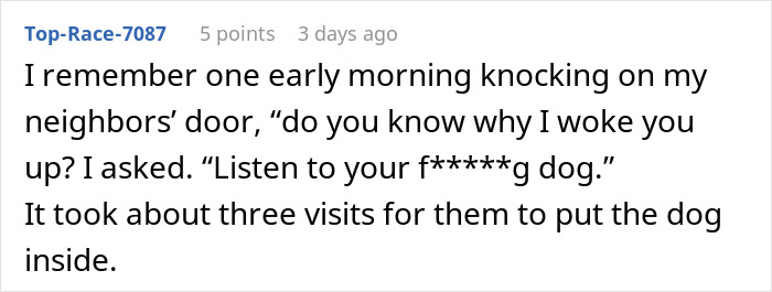Screenshot of a Reddit comment about a woman confronting neighbors over their noisy dogs causing early morning disturbance.