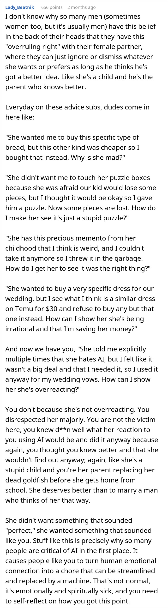 Text excerpt discussing relationship issues and emotional disconnect caused by using AI for wedding vows and human connection.